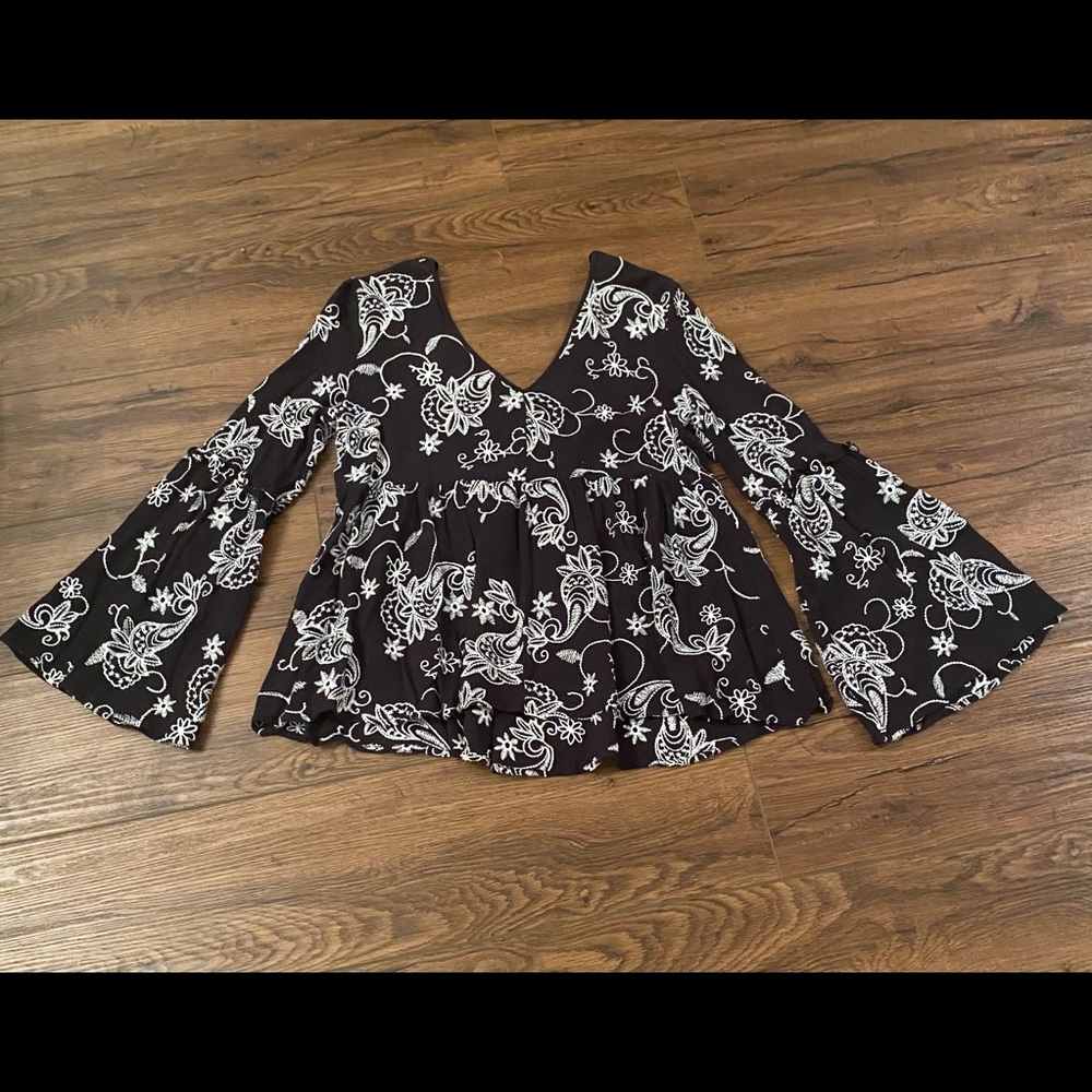 Altar’d State Black Flower Bell Sleeve Shirt